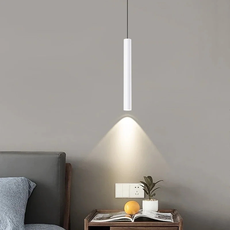 Minimalist LED Pendant Lights Black White Hanging Chandeliers Living Room Bedside Lights Long Tube Bar Pendant Lamp Suspension