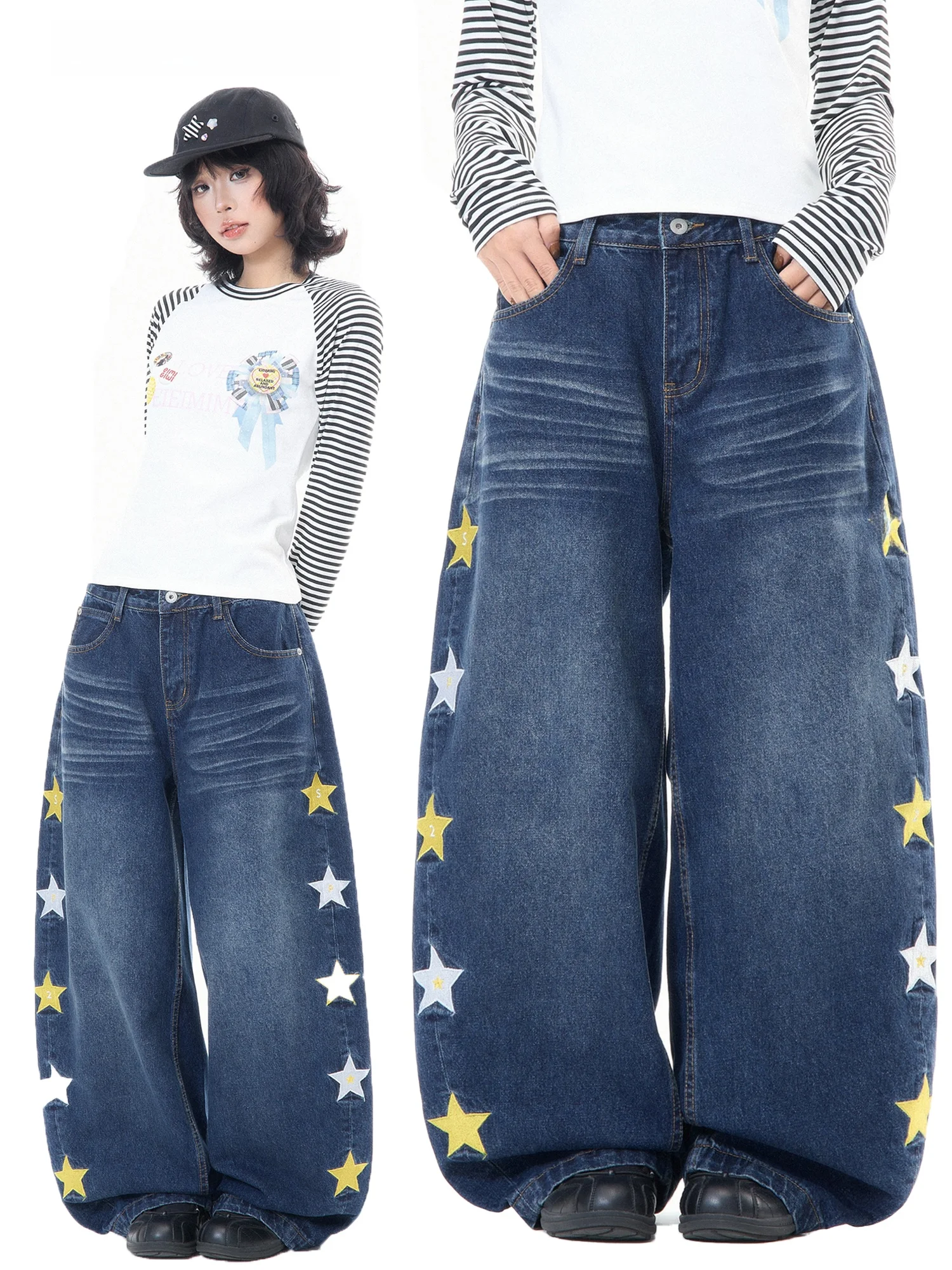 

Washed Star Pattern Embroidered Loose Casual Wide Leg Jeans Women's Style MKGO American Design Sense Versatile Casual Pants
