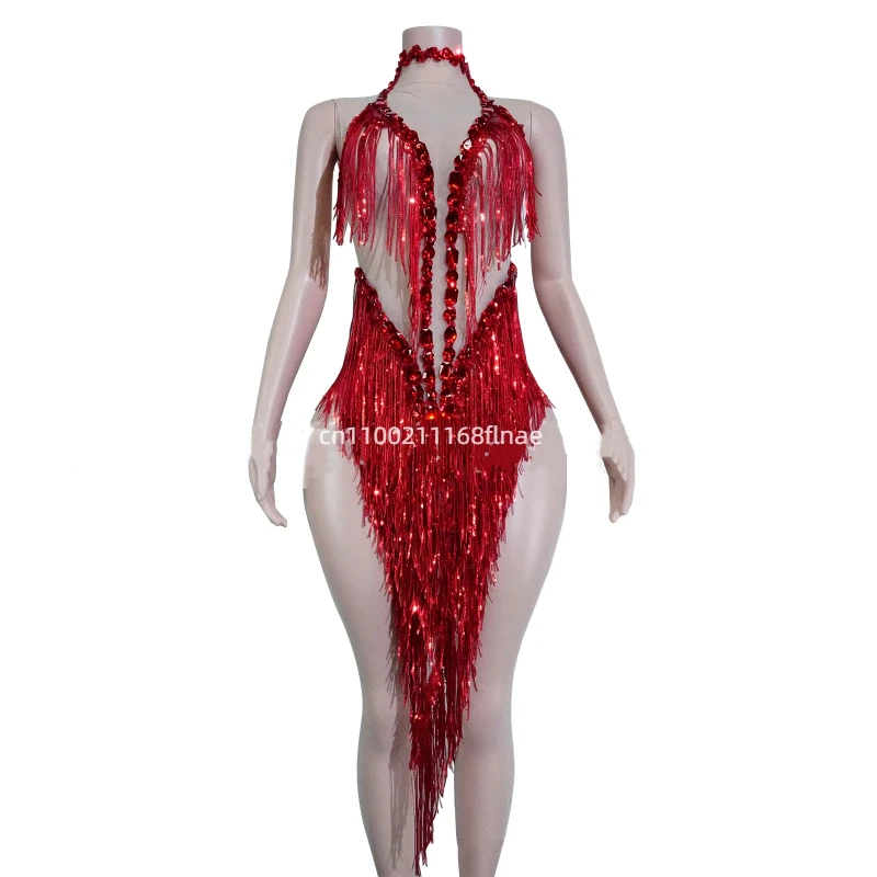 

Sexy Modern Dance Dress with Mesh Sequins, Tassel Dress, Women's Group Latin Dance Stage Performance Costume