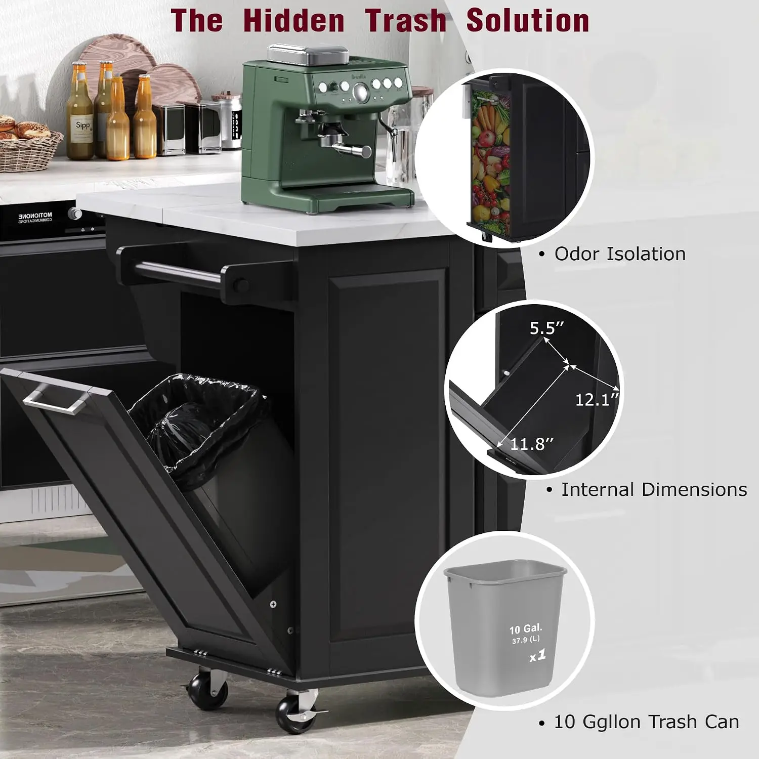 Kitchen Island Cabinet Marble Top Cart Wheels Drop Leaf Spice Towel Rack Shelf Trash Storage Dining Room, Customized image 3