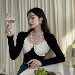 French Temperament Hepburn Style Square Neck Sweater for Women's New Niche Splicing Color Blocking Bubble Sleeve Knitted Sweater