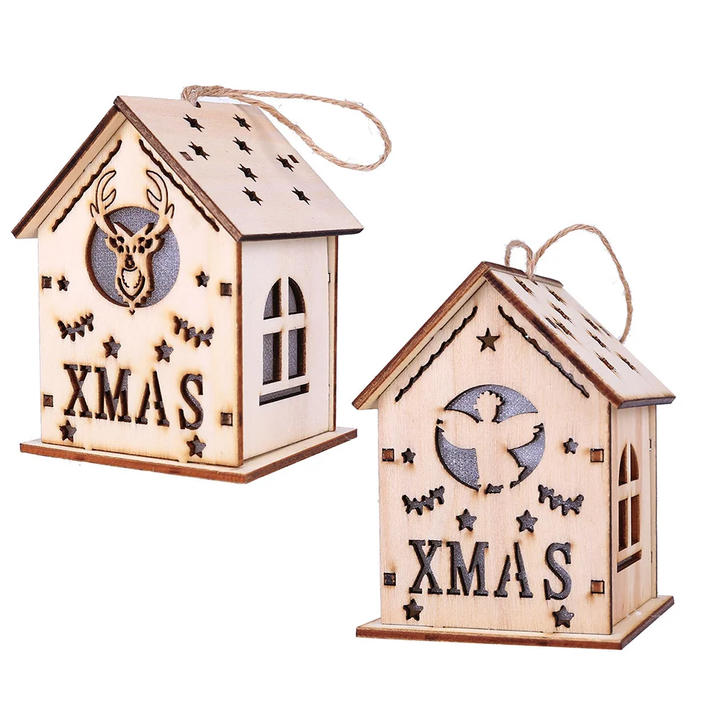 2 Pcs Gifts for Stocking Stuffers Glow Cabin Desk Ornaments Luminous Wooden Cabins DIY Props Glowing House Pendants Christmas