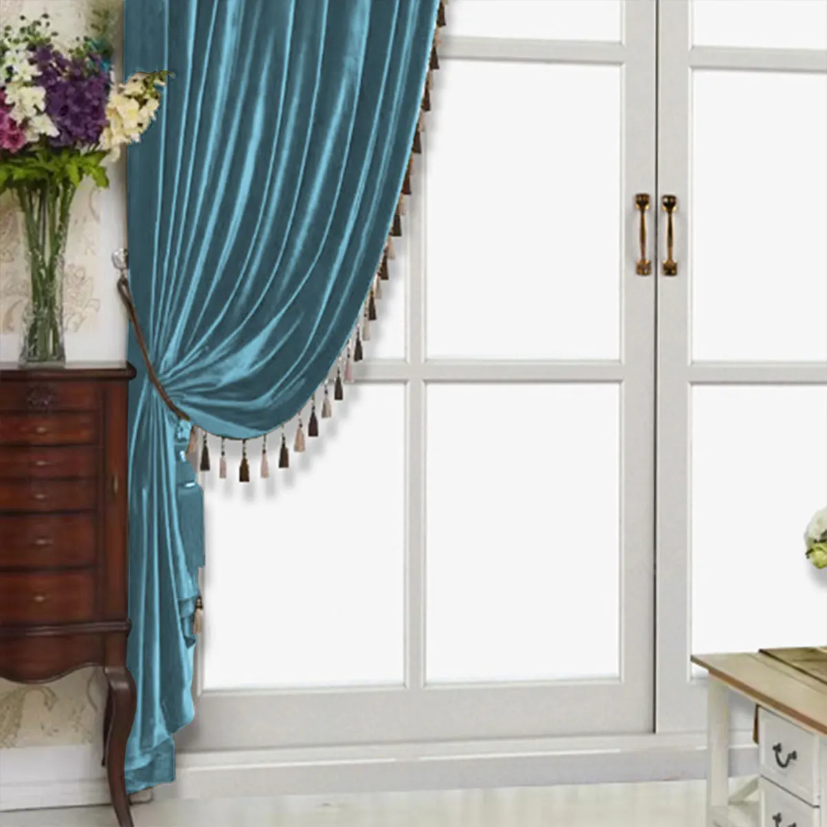 Coffee & Blue Velvet Curtains 2 Panels, Eyelet Hole Tassel Fringe Full Shading Luxury Vintage Window Drapes