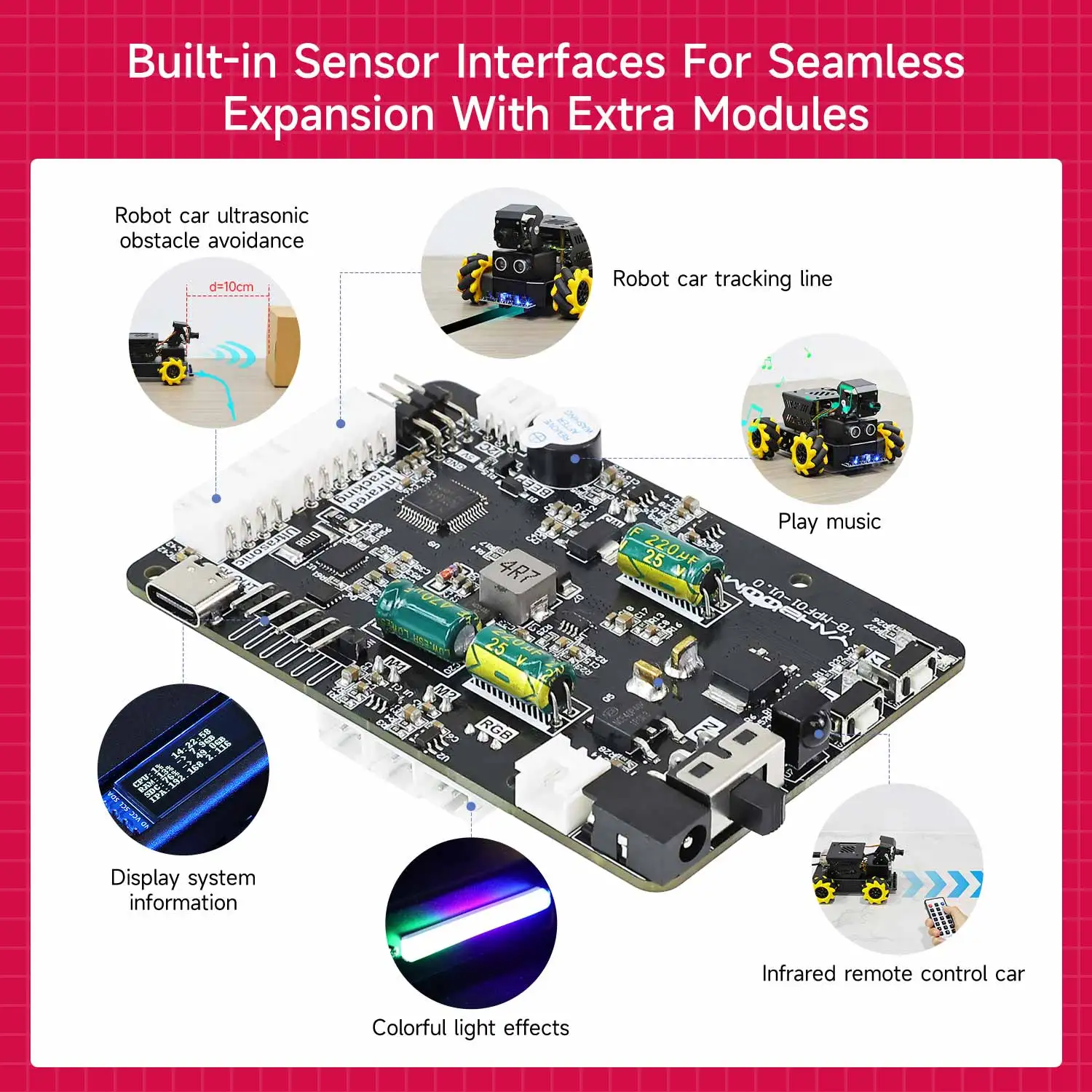 لوحة توسيع روبوت Yahboom Raspberry Pi 5 مع بروتوكول توصيل الطاقة PD ، وحدة مستشعر دعم ، تطوير روبوتي محرك الأقراص