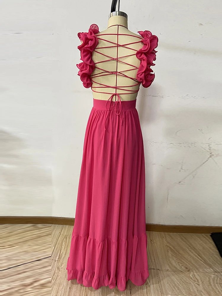 Women V Neck Sleeveless High Waist Patchwork Lace Up Sexy Dress Sexy Ruffles Straps Backless Long Gowns Evening Party Gowns