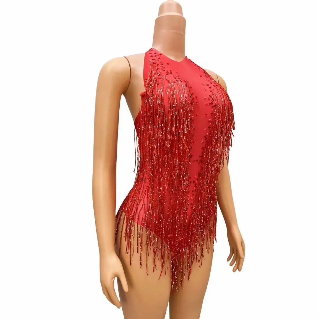 Borla vermelha brilhar grânulos bodysuit, DJ cantor, dançarino traje, roupa brilhante, collant para desempenho de palco, bar dançarino, hongliusu, 1 pc