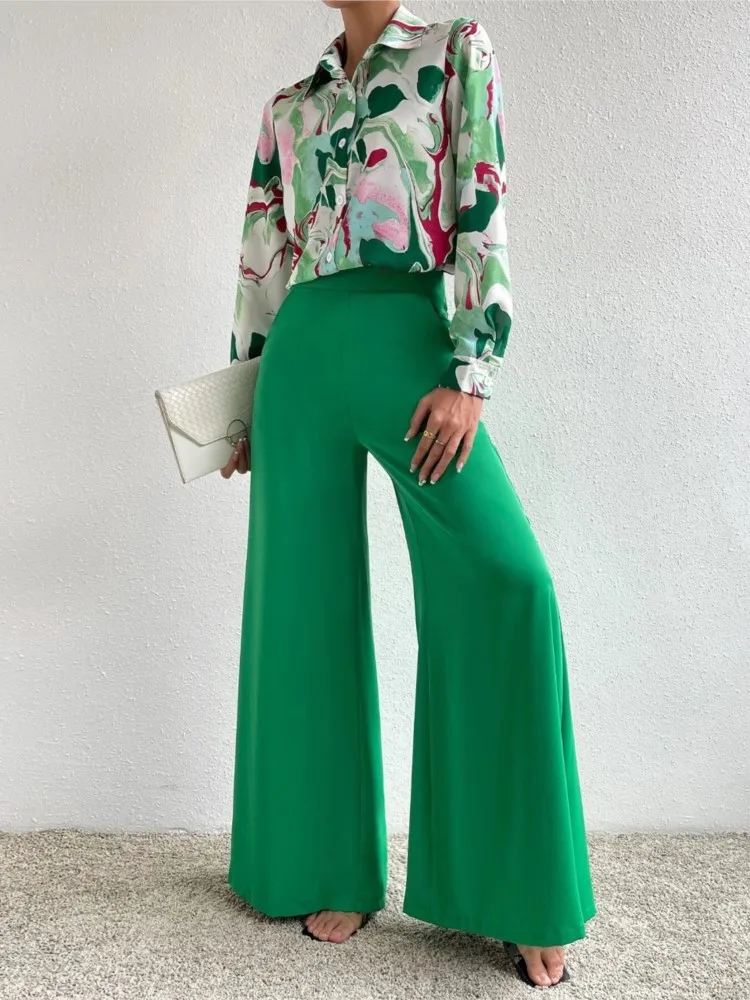 

Women Elegant Two Piece Sets Spring Autumn Fashion Lapel Single Breasted Long Sleeved Print Shirt Solid Color Wide Leg Pants Set