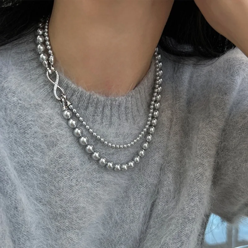 Minar Harajuku White Gray Color Faux Pearl Beads Beaded Necklaces for Women Double Layered CZ Zircon Toggle Clasp Sweater Chain