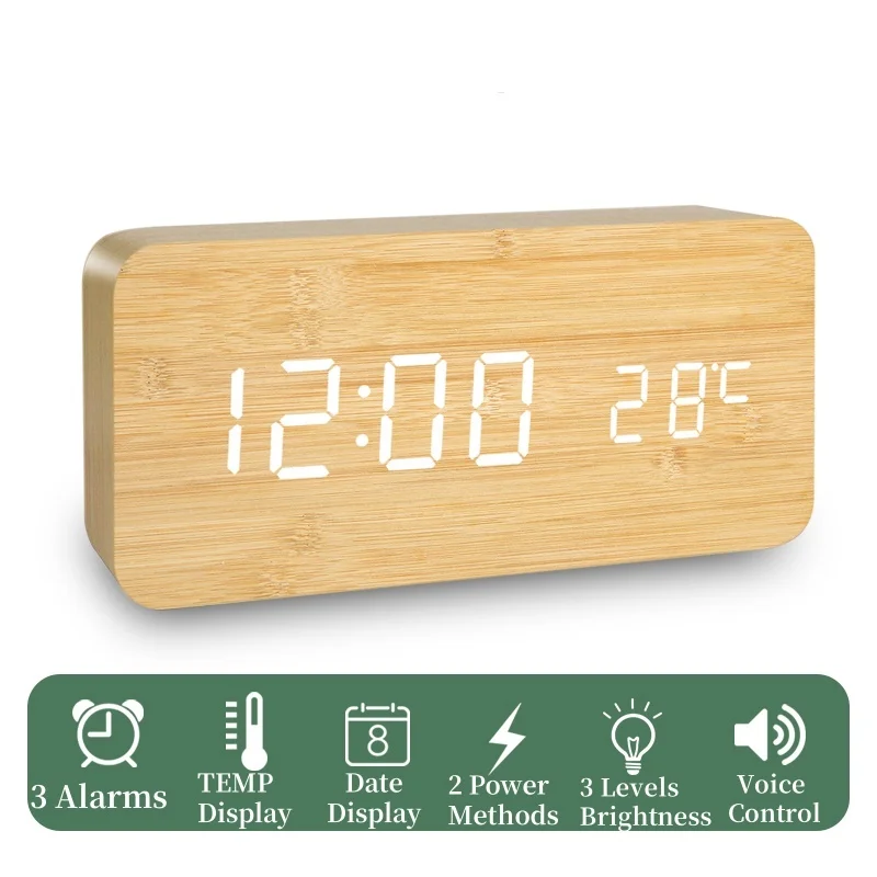 Voice Control Wooden Digital Alarm Clock Temperature Date Table Clock 3 Alarm Display Mode 12/24H Power Outage Memory LED Clock