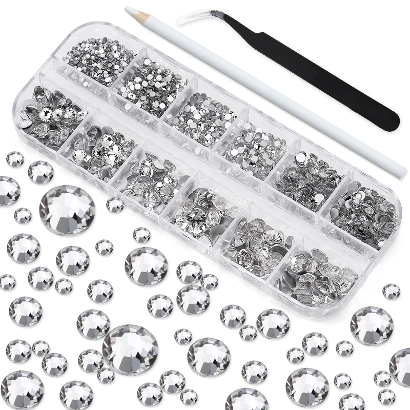 QIAO 2000pcs Rhinestones Glitter Crystal with Tweezer and Picking-Pen Flatback Strass Gems Rhinestones for Clothing Decorations