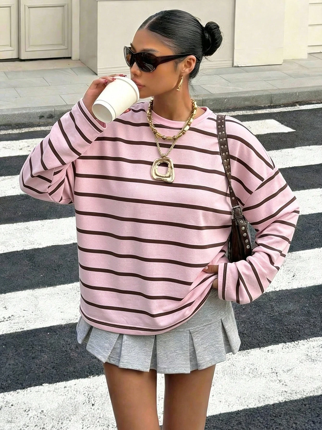 2026 Damen Langarm-T-Shirt in Rosa und Braun mit Horizontalen Streifen, Rundhals Oversize Locker Lässig Süß Retro Herbst Basic Top – Detail 3