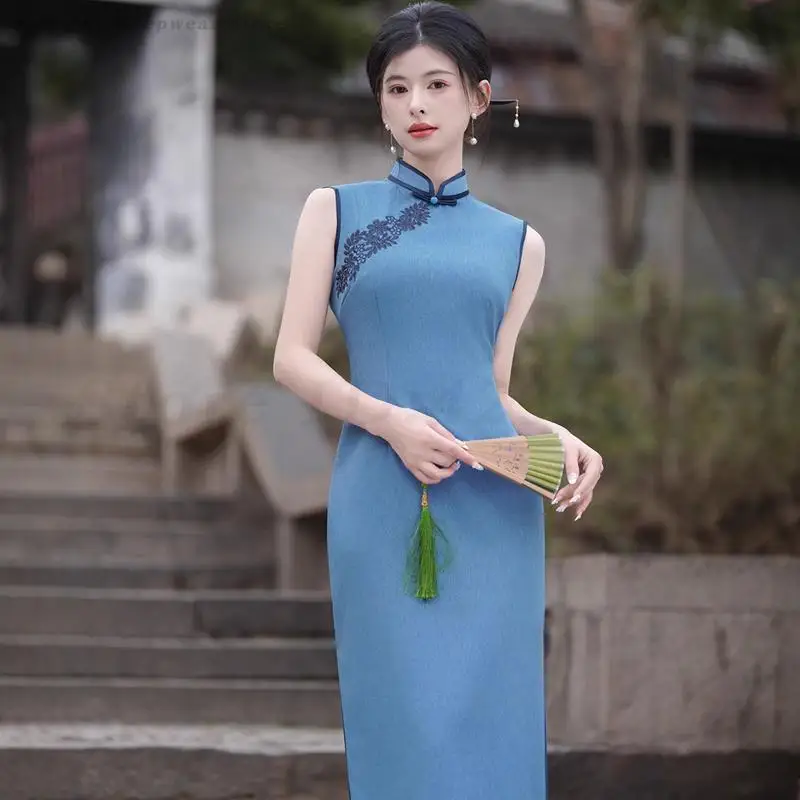 

Художественный стиль Cheongsam, традиционное китайское платье с воротником-стойкой, летнее вечернее платье без рукавов, винтажное элегантное Ципао