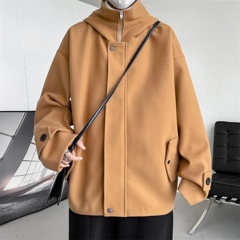 

Men's Woolen Coat 2025 Autumn New Sle Trendy Brand High-End Feeling American Retro Jaet with Hood Long Sve Warmth