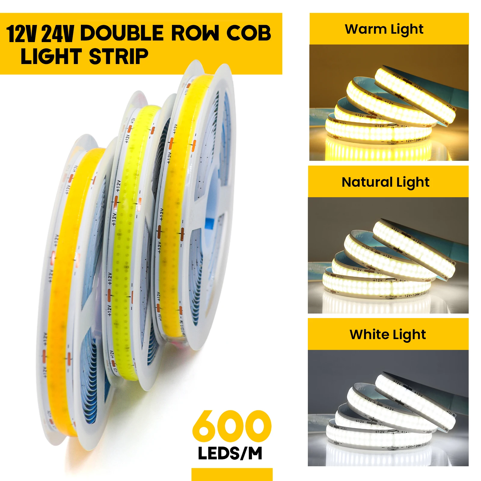 12V 24V Double Row COB LED Strip 600LEDs/m High Density Dimmable 3000K/4000K/6000K 12mm PCB Flexible Tape Light for Room Decor