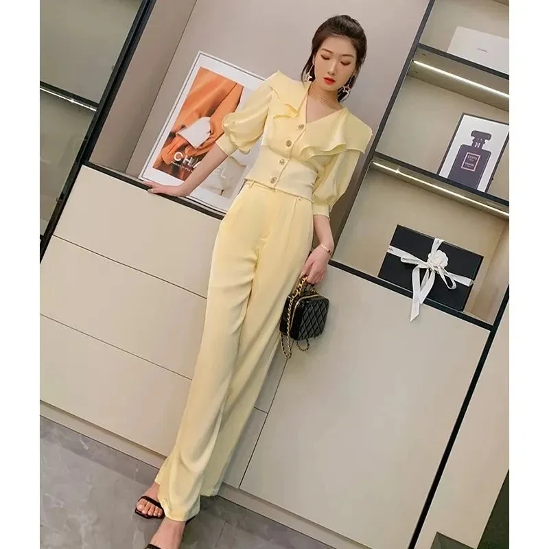 

Ladies Summer Suit Women's 2024 New Temperament Commuter Fashion Stitching Top Women's High Waist Wide-Leg Pants Two-Piece Suit