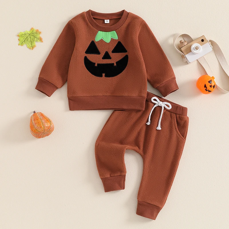 

Осенняя одежда для маленьких мальчиков и девочек на Хэллоуин, флисовый пуловер с длинным рукавом и принтом тыквы, свитшот + штаны, повседневная одежда для малышей