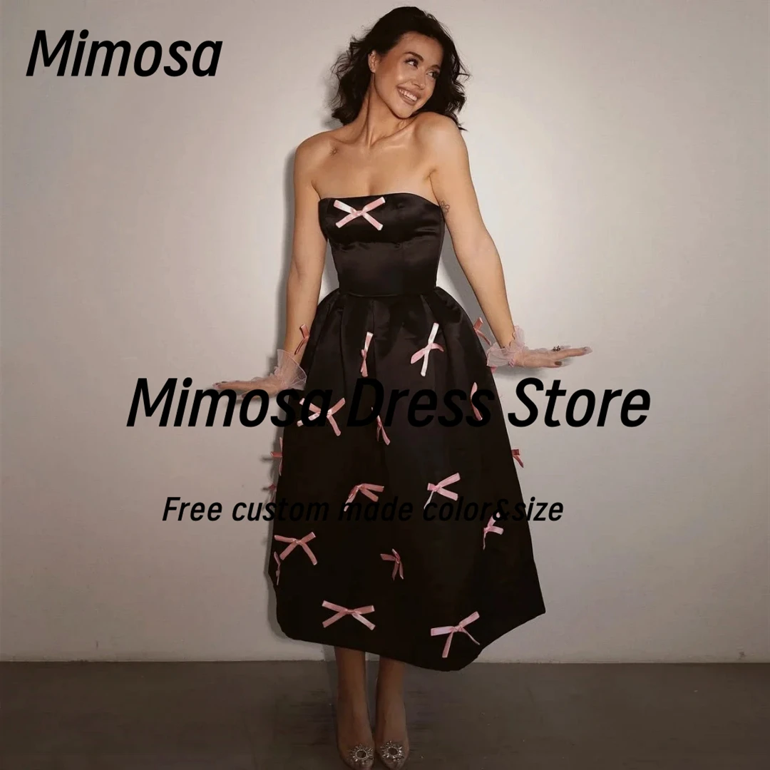 

Mimosa Black Satin Prom Dresses Strapless Pink Bows Homecoming Party Graduation Dress Sexy Back Evening Gowns Customized