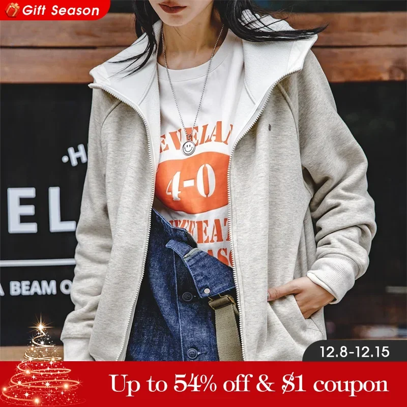 Maden Thickened Fleece Hooded Sweatshirt for Women Autumn and Winter Warm Jacket Loose Comfortable Outercoat Female Gray Jacket