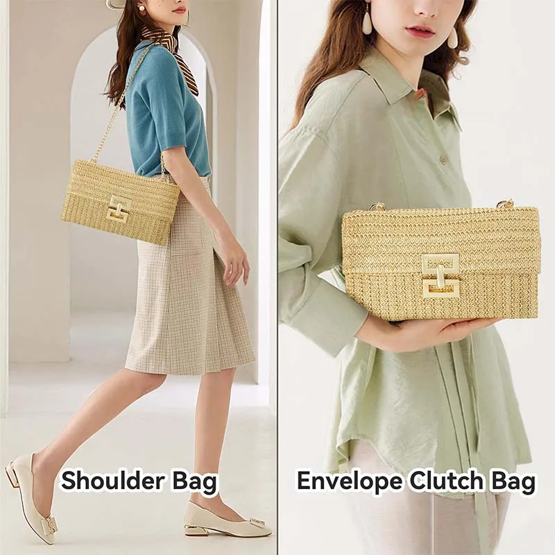 2024 Trend Women Boho Woven Beach Bag Envelope Wallet Flap Handbags Summer Straw Clutch Purses Wicker Shoulder Messenger Bags