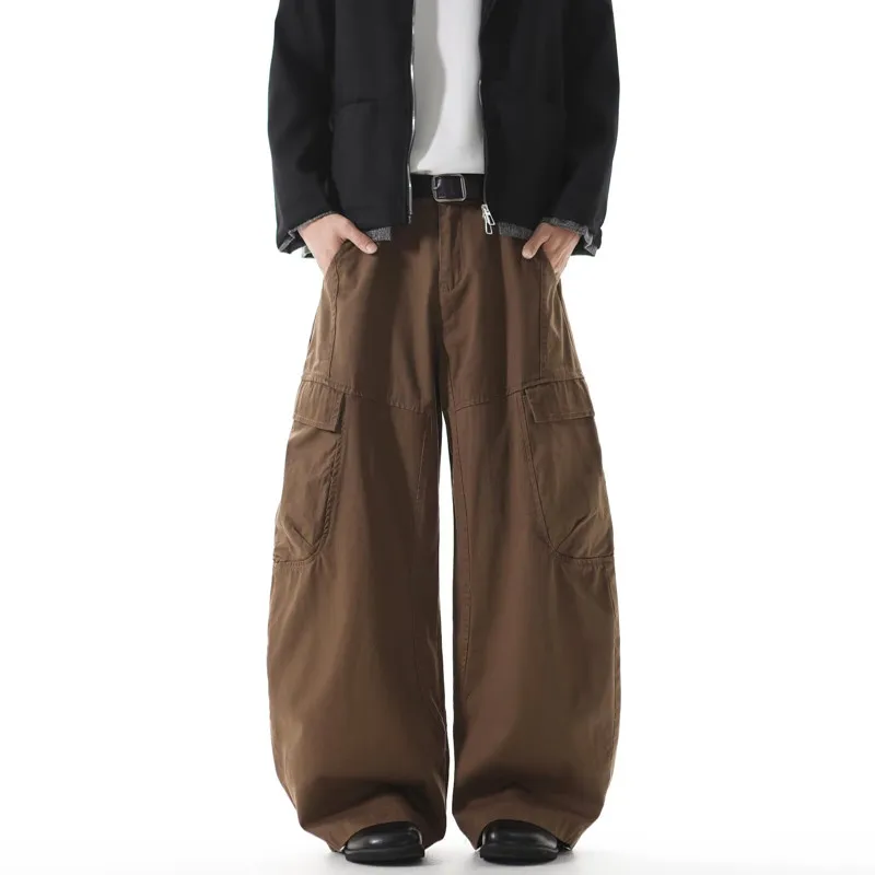 2025 American Retro Y2K Style Brown Baggy Cargo Jeans Pants For Men Clothing Wide Leg Casual Cotton Long Trousers Pantalon Homme