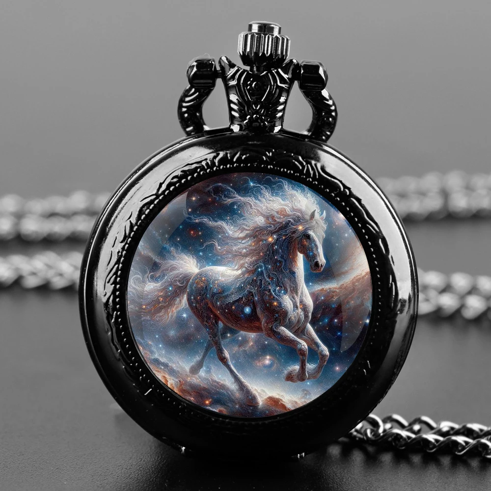 Galloping Horse Glass Dome Quartz Pocket Watch With Durable Chain Arabic Numeral Dial Creative Gifts for Men Women