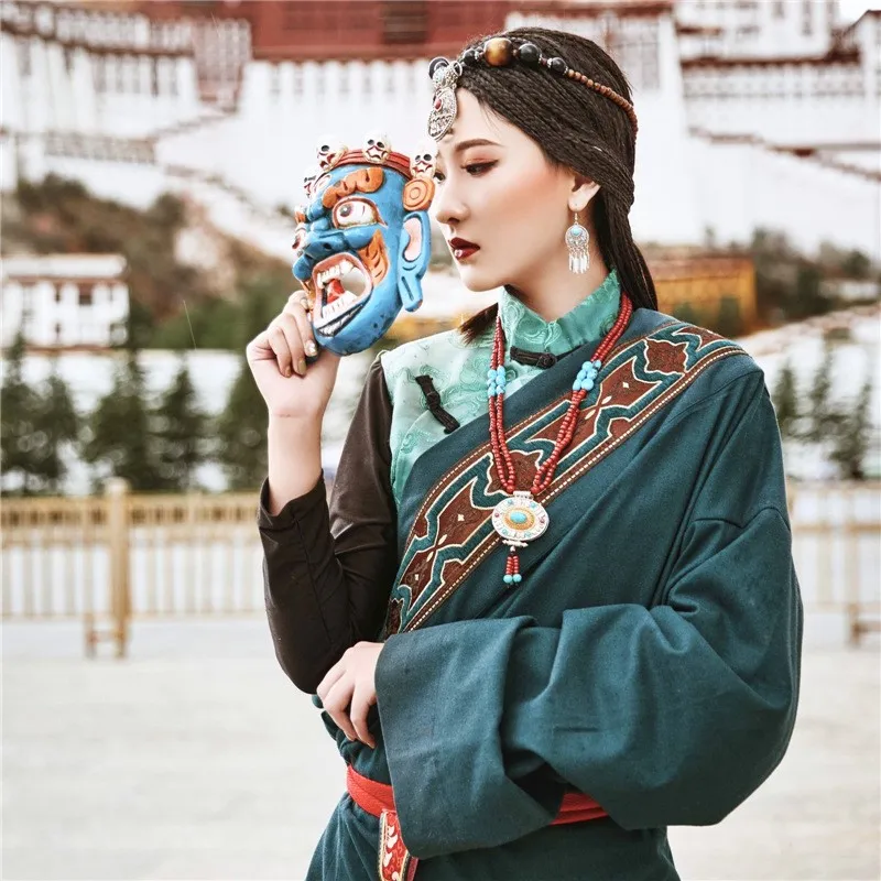 

Green Tibetan Robe Irregular Ethnic Style plus Size Clothes and Coat Vest Long Sleeve