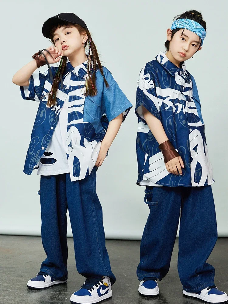 Street Dance Clothes Hip Hop Outfit Blue Shirt Pants Kpop Jazz Dance Clothing Children's Day Dancewear Festival Costume DL10427