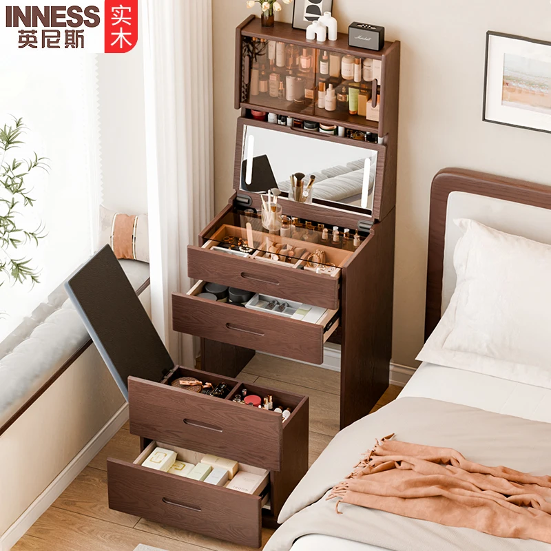 Cómoda de madera maciza, mesita de noche para dormitorio, apartamento pequeño, mesa de maquillaje sencilla y moderna integrada, mini gabinete de almacenamiento con tapa abatible