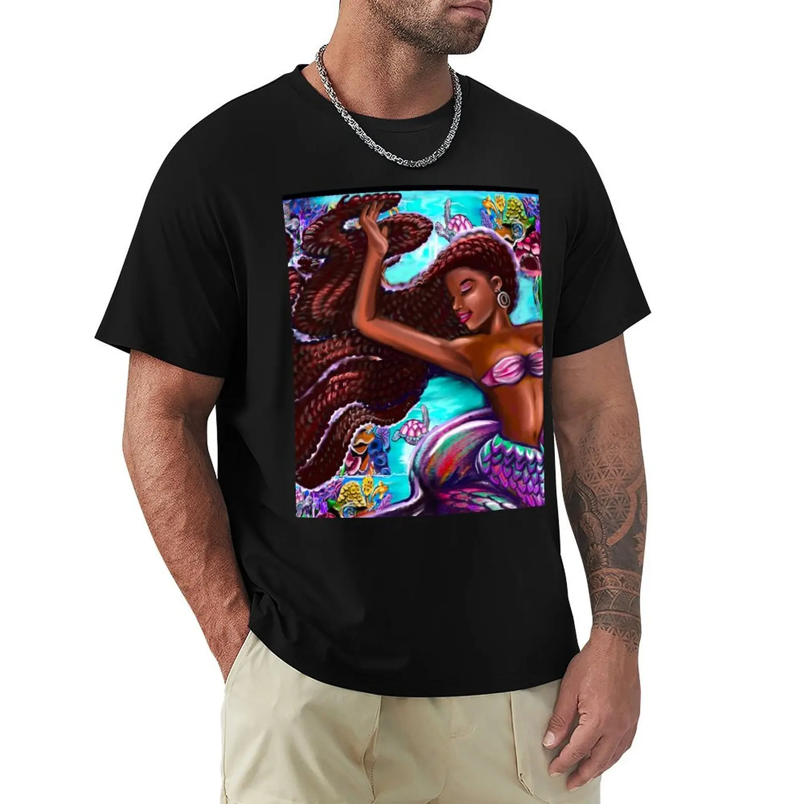 

mermaid underwater with flowing red braids on a coral reef, African American Mermaid T-Shirt cotton graphic tees men clothes
