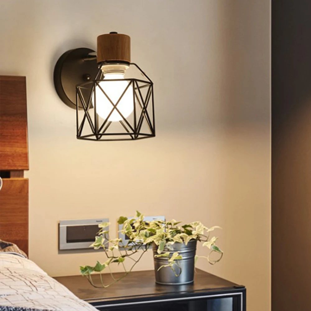 

Modern LED Wall Light Iron Cage Home Bedroom Kitchen Restaurant Decor Wooden Wall Sconce Indoor Lampshade Lamps Lighting Fixture