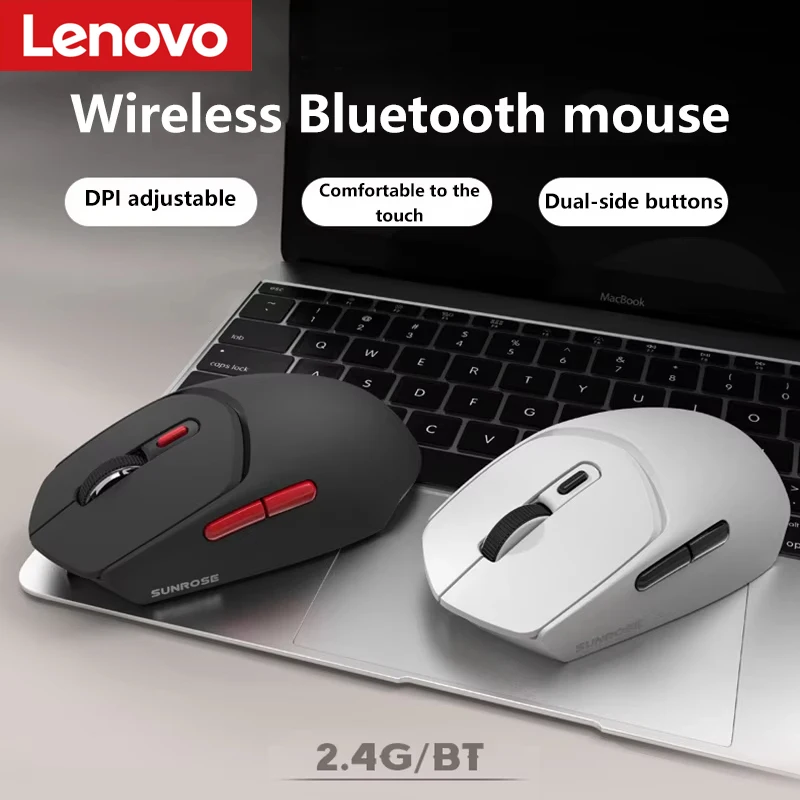 Lenovo Wireless Bluetooth Mouse 2.4G Battery Powered Silent Click Ergonomic Design Dual Side Buttons for Laptop Computer Office