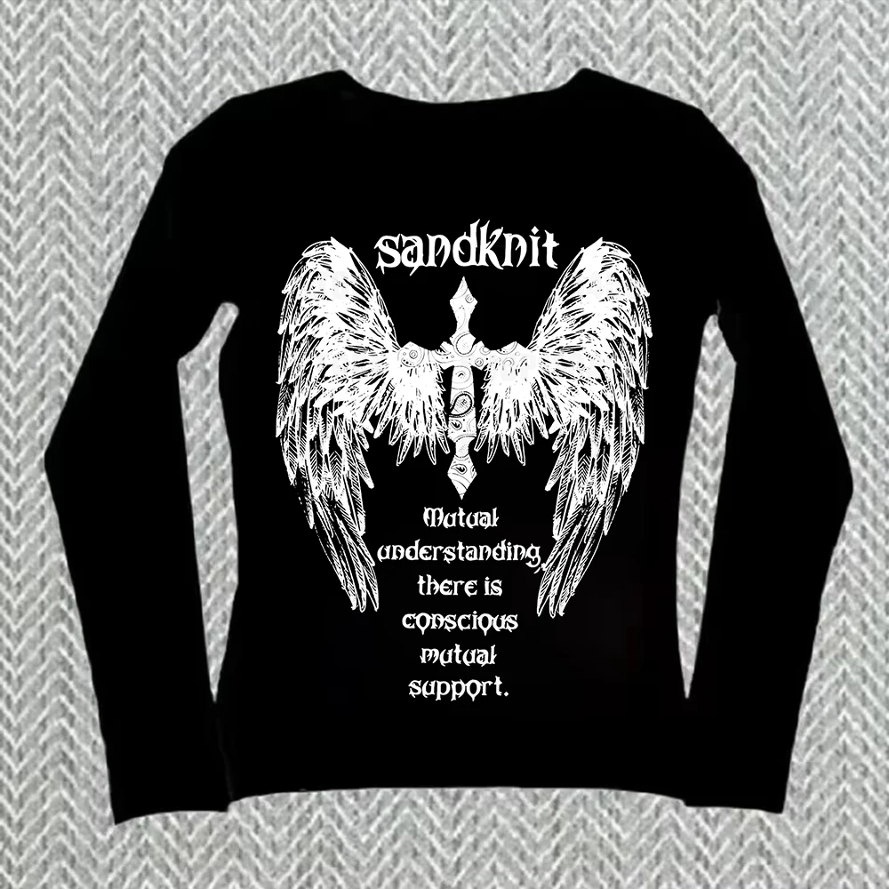 90s retro style women's printed long sleeved T-shirt Y2K Kitty women's trendy clothing sweet dark style 2000s top clothing dark