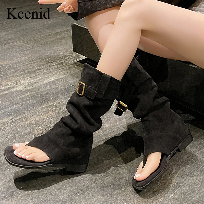 

Kcenid Metal Belt Buckle Low Heeled Boots Square Toe Flip-flop Suede Knee High Boots Slip-on Solid Women Fashion Rome Shoes 2025