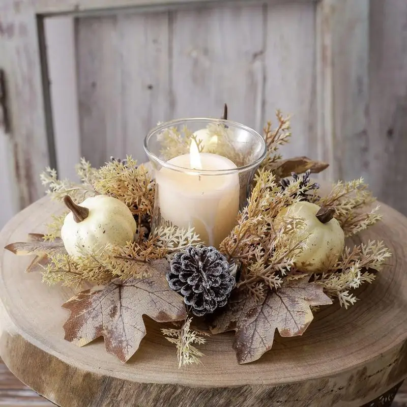 Fall Candle Ring Artificial Pumkin Pinecone Candle Garland Christmas Candlestick Wreath Xmas Table Decoration New Year Decor