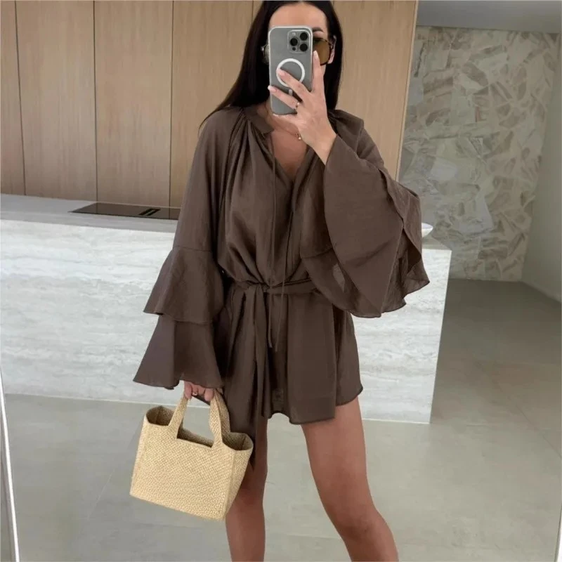 Primavera babados mangas duplas em camadas mini forro vestido cor sólida com decote em v irregular rendas até manga comprida vestido solto para mulher