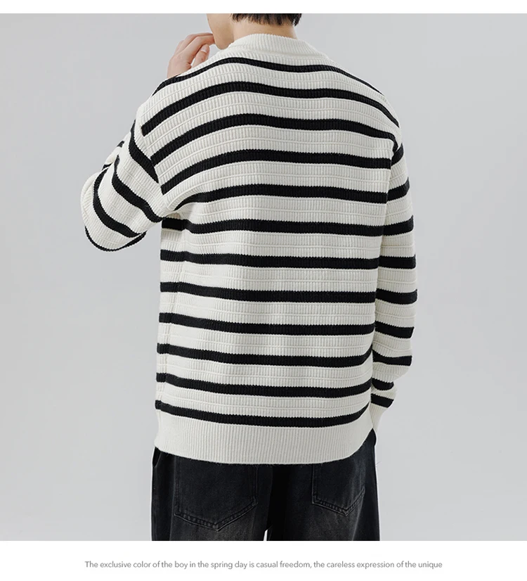 Mens Autumn Winter Harajuku Style Sweater Mens Casual Loose Stripe Long Sleeve Knitted Pullover Jumper Street Outdoor Sweatshirt