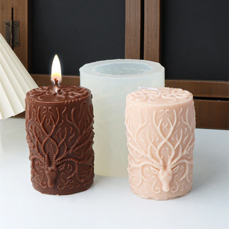 

Relief Art Cylinder Scented Candles Silicone Mold DIY Antlers Pattern Geometric Soap Cylindrical Corrugated Gypsum Making Mould