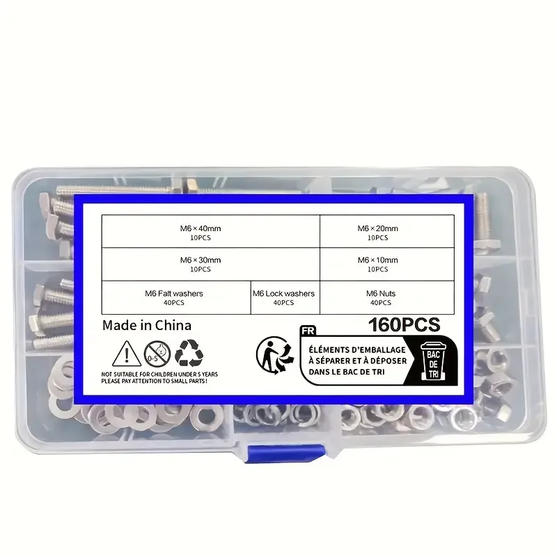 

A set of 160 pieces of M6 stainless steel screws and nuts, equipped with flat base plates - high-pressure resistant hexagonal sc