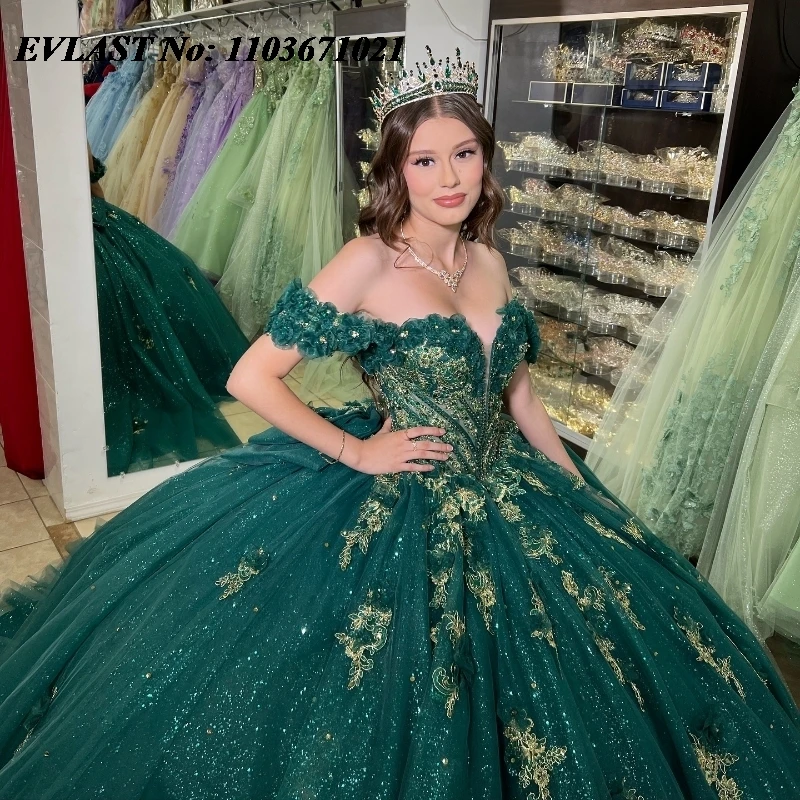 EVLAST индивидуальное черновато-зеленое платье Quinceanera, бальное платье, золотое кружевное платье с аппликацией и бисером, Sweet 16, Vestidos De 15 Anos SQ608