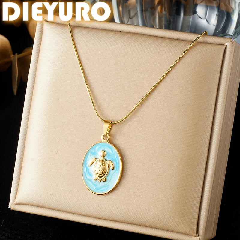 DIEYURO 316L Stainless Steel Blue Enamel Oval Inlay Sea Turtles Ocean Pendant Necklace Women Vacation Neck Chain Jewelry Gift