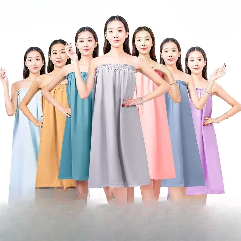 

Home Robe Bath Skirt Absorbent Fabric Round Neck Salon Wrap Top Solid Color Comfortable Design