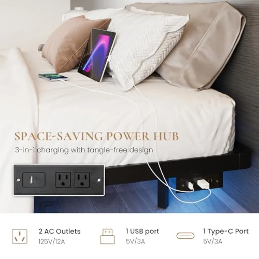 Floating bed frame with smart LED lights for modern bedroom, black metal, adjustable size, built-in dimmable lighting and USB c view 4