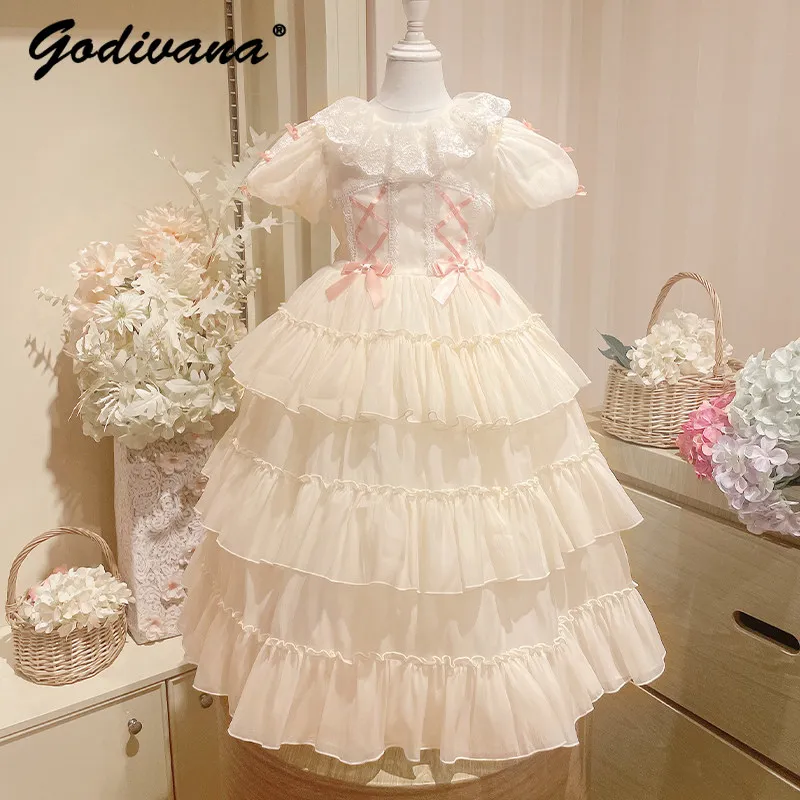 

Sweet Girls Lolita Princess Dress Kids Summer Puff Sleeve Lace Collar Bow Mesh Layered Dresses Birthday Party Flower Girl Gown
