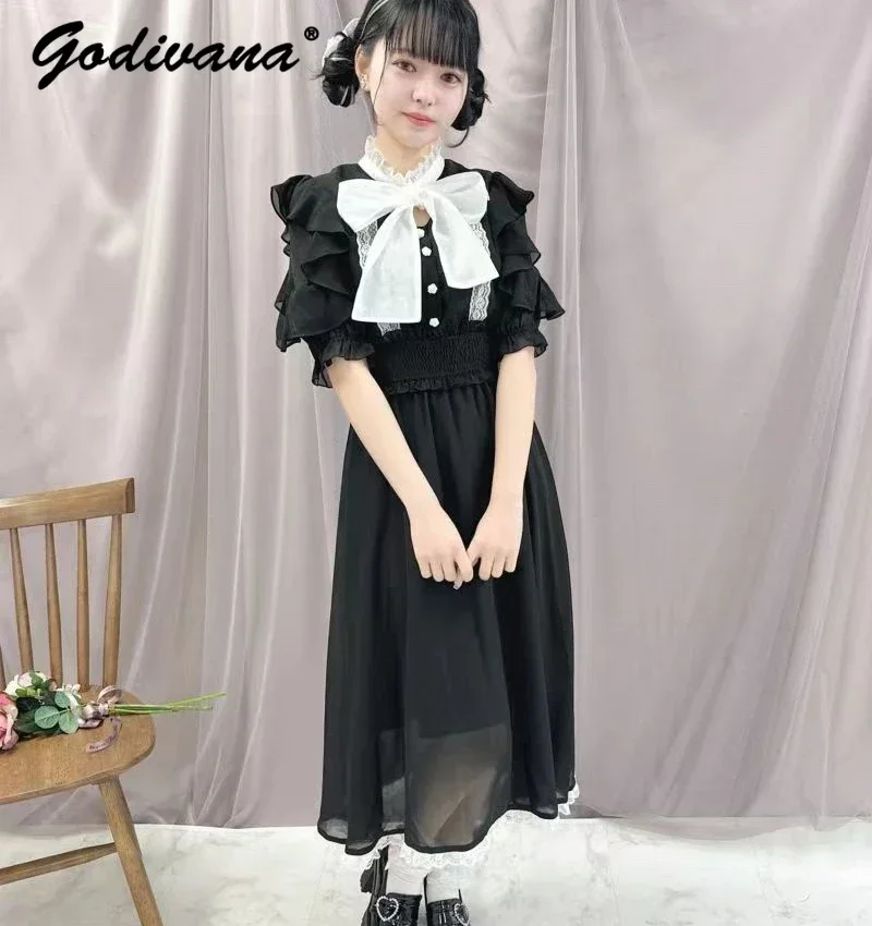 

Japanese Rojita Mine Ladies Elegant Bow Collar Waist-Tight Long Dress Spring Summer Women's Ruffled Short Sleeve Chiffon Dress