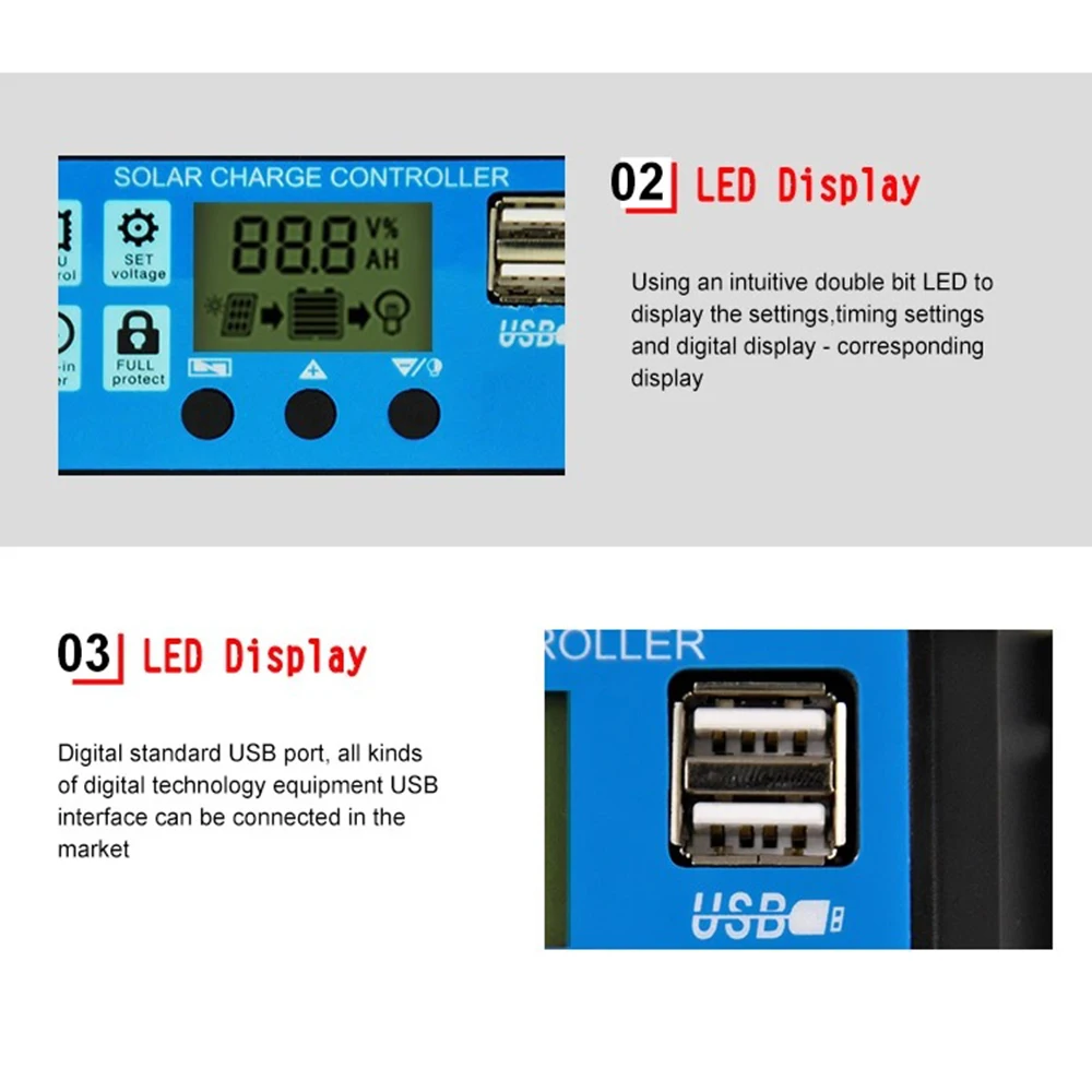 Solar Charge Controller 12V/24V 30A with Adjustable LCD Display Timer Setting Dual USB Auto Solar Cell Panel Charger Regulator