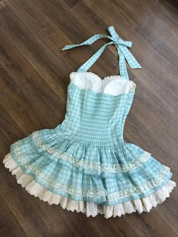 فستان بحزام تنحيف منقوش باللون الأزرق بعقدة على شكل فراشة حلوة للطالبات، تنورة قصيرة برقبة على شكل حرف V، طول الأكمام الكاملة، أصل صيني #4