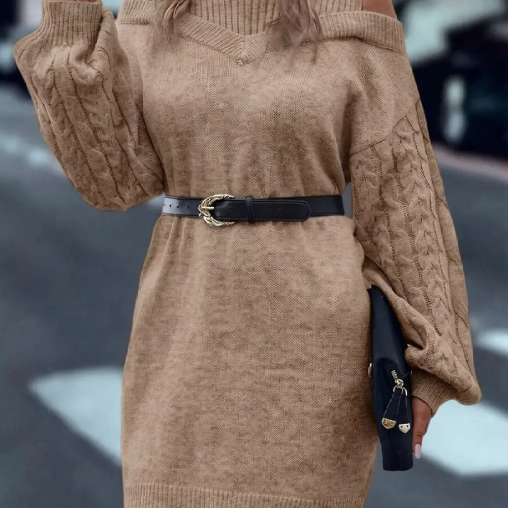 Loose Fit Pullover Sweater Womens Autumn Winter Mock Neck Knitwear Cold Shoulder Lantern Sleeve Casual Elegant Basic Top