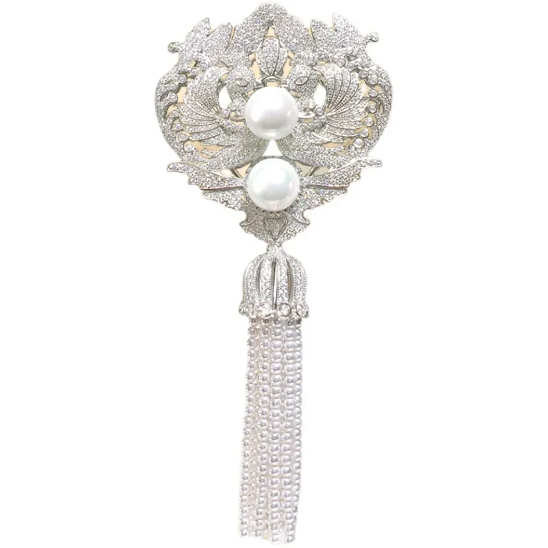 Medieval Twin Phoenix Mother Shell brooch 925 sterling silver high carbon diamond high-end fashionable wedding jewelry