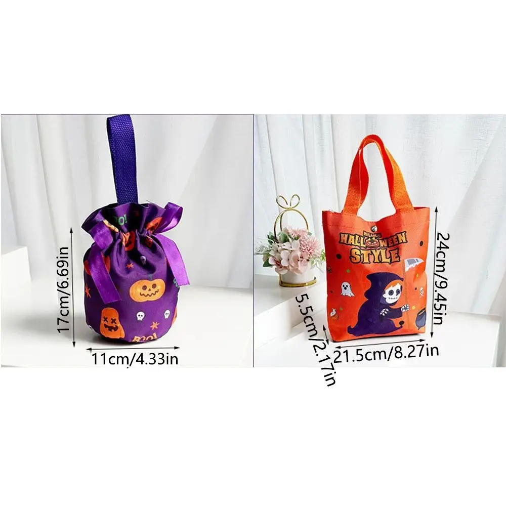 ハンドヘルドハロウィンキャンディトートバッグ カボチャ柄デザイン ポータブルハロウィントリートバッグ 軽量巾着/スナップボタン