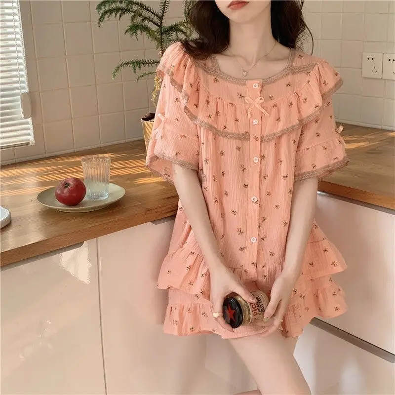 Kawaii Clothing Woman Pajamas Lace Short Sleeve Tops Shorts Two Sets Pajama Sets Summer Thin Loungewear Nightwear Printed New